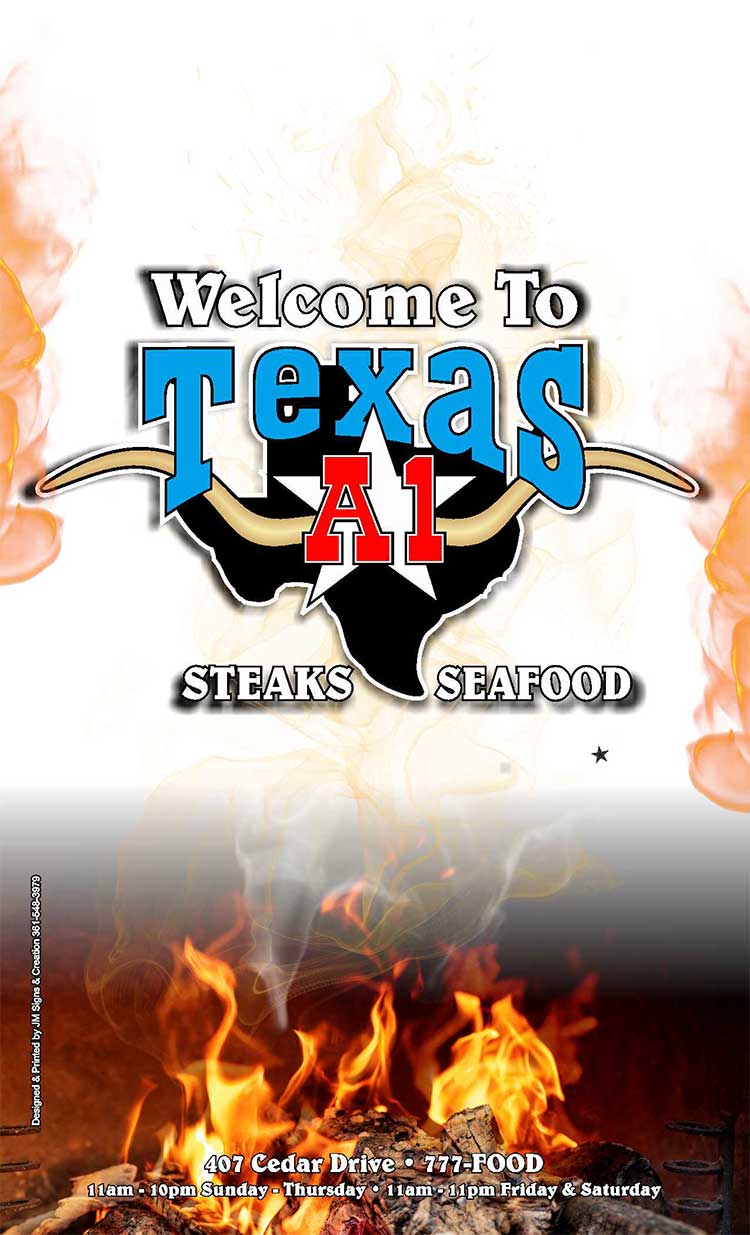 Texas A1 Steaks & Seafood Restaurant Menu in Portland, Texas.